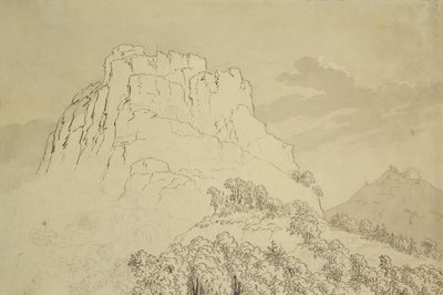 Rocky Hilltop med en Wooded Hill framme (penna, penna och wc-tvätt på papper) av Caspar David Friedrich