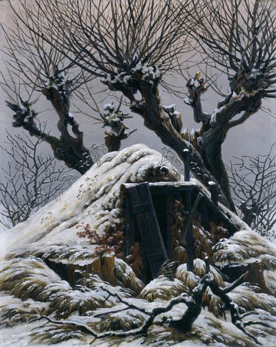 En snötäckt stuga av Caspar David Friedrich
