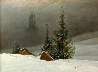 Vinterlandskap med kyrkan av Caspar David Friedrich