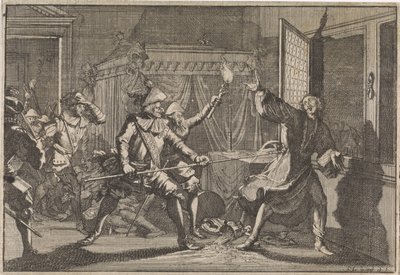 Albrecht von Wallenstein, hertig av Friedland, mördas av sina egna soldater, 1634 av Caspar Luyken (attributed to)