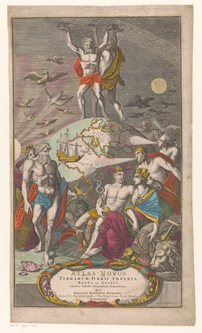 Atlas en Hercules bär sternerhemel Titelsida för: Johann Baptista Homan, En ny atlas över världsriken, kungadömena och staterna som visar exakta geografiska tabeller, 1710 av Caspar Luyken