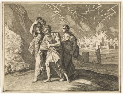 Lot och hans döttrar lämnar det brinnande Sodom av Caspar Luyken
