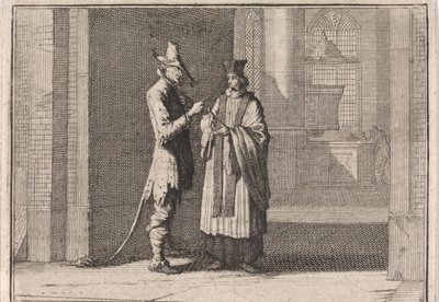 Präst i samtal med djävulen framför ingången till en kyrka av Caspar Luyken