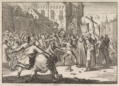 Vid Danzig möts en procession med stenar av folket, 1678 av Caspar Luyken