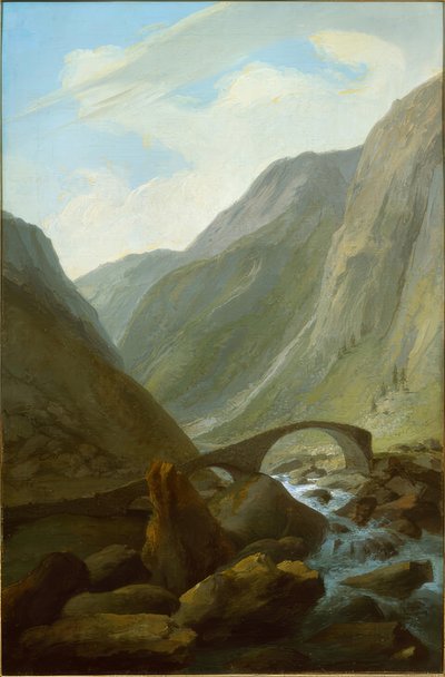 Alpin dalgång med stenbro av Caspar Wolf