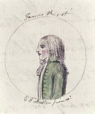 James I, ca 1790 (penna och bläck och wc på papper) av Cassandra Austen