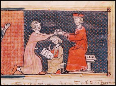 Den kungliga åklagaren, skriftläraren och feodalherren, från Capbreu de Clayra et de Millas 1292 av Catalan School