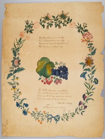 Utan titel (dikt och dekorativ krans) (wc, grafit & bläck på papper) av Catherine Emma Manley