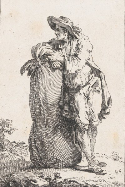 Bonde lutad på en säck spannmål, 1758. av Catherine Francoise Beauvarlet