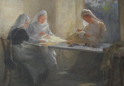 Kensington War Hospital Supply Depot (Kensington Square), tre sjuksköterskor sitter vid ett bord och syr, ca 1916 (olja på duk) av Catherine Ouless