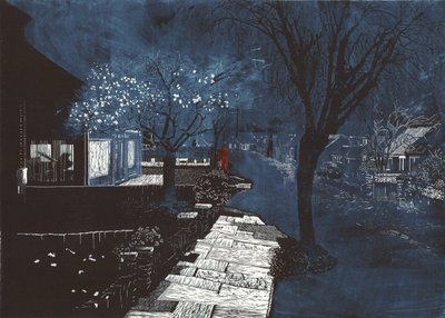 Sound of music in suburbia, 2012 (linoleumsnitt och etsning) av Catherine Sutcliffe-Fuller