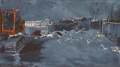 Vidsträckt område med 300 vattensalamandrar, 2014 (Linoleumsnitt och etsning) av Catherine Sutcliffe-Fuller