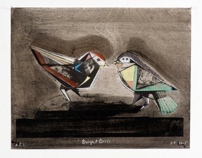 Bright Birds, 2014 (mokulito-litografi med handkolorering) av Cathie Pilkington