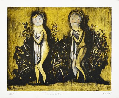 Eve and Eve, 2015 (mokulito-litografi med handkolorering) av Cathie Pilkington
