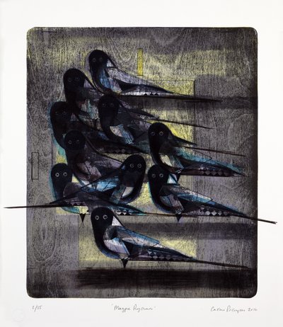 Magpie Rhythm, 2016 (mokulito-litografi med handkolorering) av Cathie Pilkington