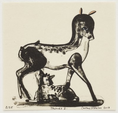 Thinks 2, 2013 (litografi med handkolorering) av Cathie Pilkington