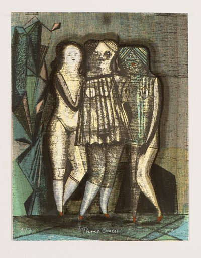 Three Graces, 2014 (mokulito-litografi med handkolorering) av Cathie Pilkington