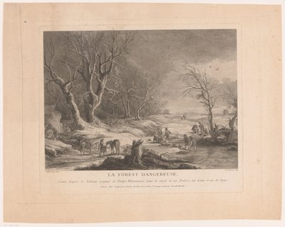 Vinterlandskap med attackerade figurer La forest dangereuse (titel på objekt) av Cathérine Elise Cousinet