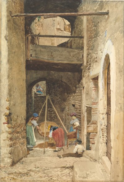 Italiensk innergård och figurer, 1843-1921. av Cavaliere Pio Joris