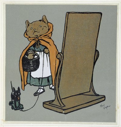 Katt framför sin spegel - teckning av Cécil Aldin. av Cecil Charles Windsor Aldin