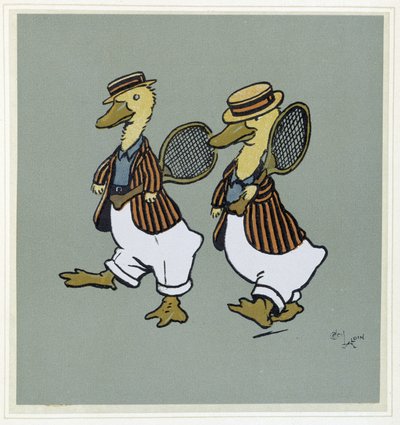 Två ankor i tennisdräkt - i "Merry Party", ill. av Cécil Aldin, red. Hodder & Stoughton, London av Cecil Charles Windsor Aldin