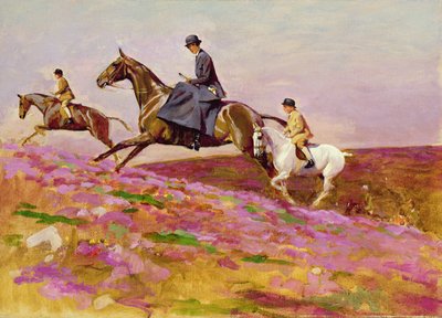 Lady Currie med sina söner Bill och Hamish Hunting på Exmoor (olja på duk) av Cecil Charles Windsor Aldin