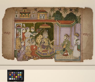 En kung och hovmän lyssnar på en musiker, ca 1750 (ogenomskinlig akvarell och guld på papper) av Central Indian School