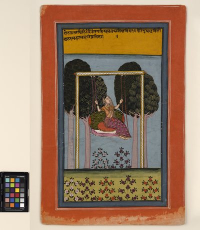 En kvinna i en gunga, ca 1800 (ogenomskinlig akvarell och guld på papper) av Central Indian School