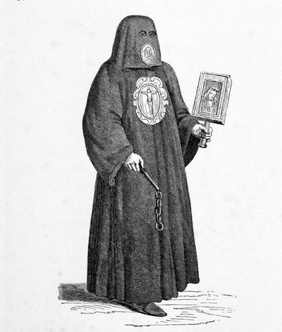 Medlem av dödens brödraskap, efter ett träsnitt kopierat av Cristoforo Guerra i "De antika och moderna i olika delar av världen", publicerade Venedig av Cesare (after) Vecellio