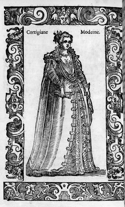 Renässans: en romersk kurtisan på 1500-talet. Gravyr från "" Moderna och antika dräkter"" av Cesare Vecellio av Cesare (attr. to) Vecellio
