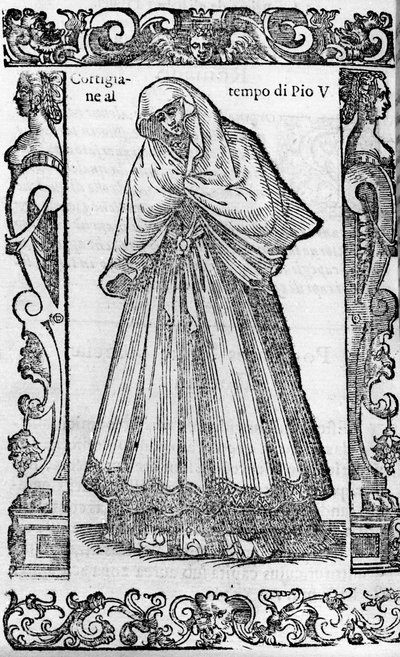 Renässans: en kurtisan på påven Pius V:s tid (1566-1572). Gravyr från "" Moderna och antika dräkter"" av Cesare Vecellio av Cesare (attr. to) Vecellio