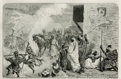 En ung pojke bär i triumf vid återkomsten av omskärelseceremonin, mitt i folkmassan som skjuter pistolskott i luften, medan han skriker och njuter igen, gravyr av C. Biseo för att illustrera historien Le Maroc av Edmondo de Amicis , i av Cesare Biseo