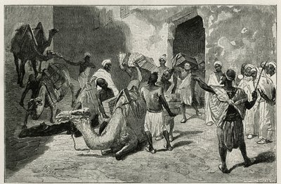 Lastning av kameler från karavanen av berättelsens författare, Atanger, gravyr av Biseo, för att illustrera berättelsen Le Maroc av Edmondo de Amicis, 1875, publicerad i tour du monde, under ledning av Edouard Charton av Cesare Biseo