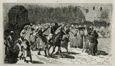 en tjuvs ord, klättrar på en mula, han tar emot batonger under folkmassans färger, graverad av C. Biseo, för att illustrera berättelsen Le Maroc av Edmondo de Amicis, 1875, publicerad i tour du monde, under regi av Edouard Charton av Cesare Biseo