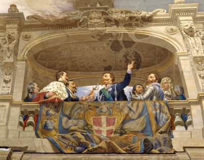 Carlo Alberto ger svärdet till Vittorio Emanuele II, detalj (detalj av 3433390) av Cesare Mariani