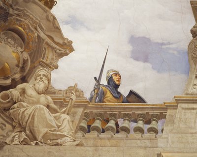 Detalj från Allegory of Italy, fresk av Cesare Mariani (1826-1901), tak, Majority Hall, Palazzo delle Finanze (Finanspalatset), Rom. Italien av Cesare Mariani