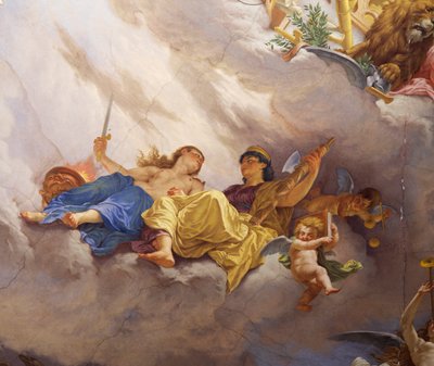Detalj från Allegory of Italy, fresk av Cesare Mariani (1826-1901), tak, Majoritetssalen, Palazzo delle Finanze (Finanspalatset), Rom. Italien av Cesare Mariani