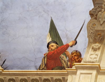 Detalj från Allegory of Italy, fresk av Cesare Mariani (1826-1901), tak, Majoritetssalen, Palazzo delle Finanze (Finanspalatset), Rom. Italien av Cesare Mariani
