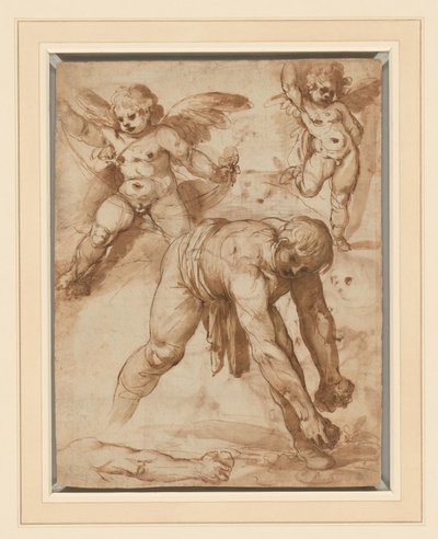 Studier av en figur som böjer sig över, två putti och en arm (recto); Vila på flykten till Egypten (verso) av Cesare Rossetti