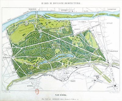 Plan över Bois de Boulogne i Paris, publicerad av Caudrilier, 1860 av Ch. Walter