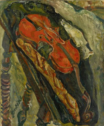 Nature morte au violon, pain et poisson Stilleben med fiol, bröd och fisk, ca. 1922. av Chaim Soutine