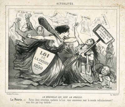 Illustration av Cham (1819-1879) i Le Charivari, cirka 1850-4-3 - Den nya lagen om press - Censur, Press/Media, Loi - Proudhon Pierre-Joseph (1809-1965), Girardin Emile de (1806- 1881) - Allegori av Amédée de Noé