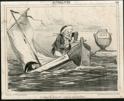Illustration av Cham (1819-1879) i Le Charivari, cirka 1850 - Prinsen av Joinville har en dålig pilot - Val, republikens president, Maritime Marine Nautique Balneaire - Thiers Adolphe, Francois d