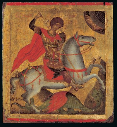 Ikon av St. George till häst, Slaying the Dragon (äggtempera på trä) av Chanter Angelos Akotandos