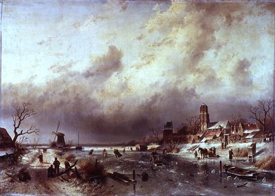 Frozen River Scene av Charles Henri Joseph Leickert