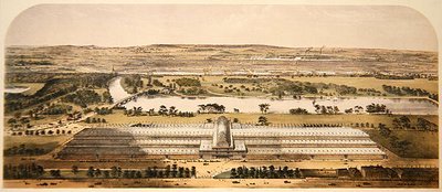 Fågelperspektiv av byggnaden för den stora utställningen, utgiven av Ackermann & Co. av Charles (after) Burton
