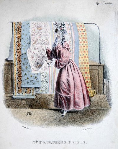 Tapetförsäljare, ca 1840 (färg litho) av Charles (after) Philipon