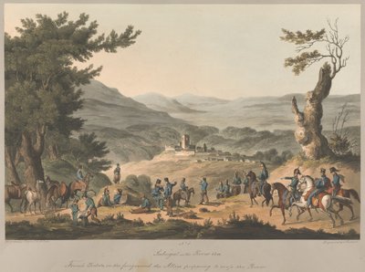 Nr 5. Sabugal vid floden Coa Franska strejker i förgrunden de allierade förbereder sig för att korsa floden av Charles (after) Turner