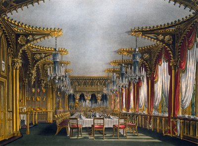 Gotisk spisestue, gravering af Thomas Sutherland (1785-1838), baseret på design af Charles Wild (1781-1835), fra The History of the Royal Residencesswed av Charles (after) Wild