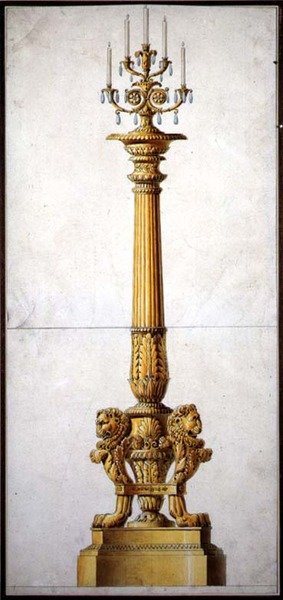 Design för en nyklassisk kandelaber, ca 1820 (penna och bläck med akvarell på papper) av Charles (attr. to) Percier